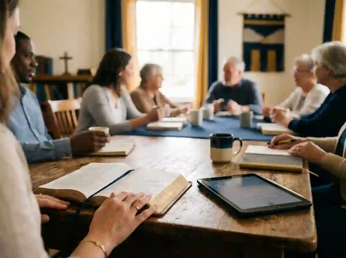 An open Bible beside a tablet on a wooden table, with a small group gathered for study